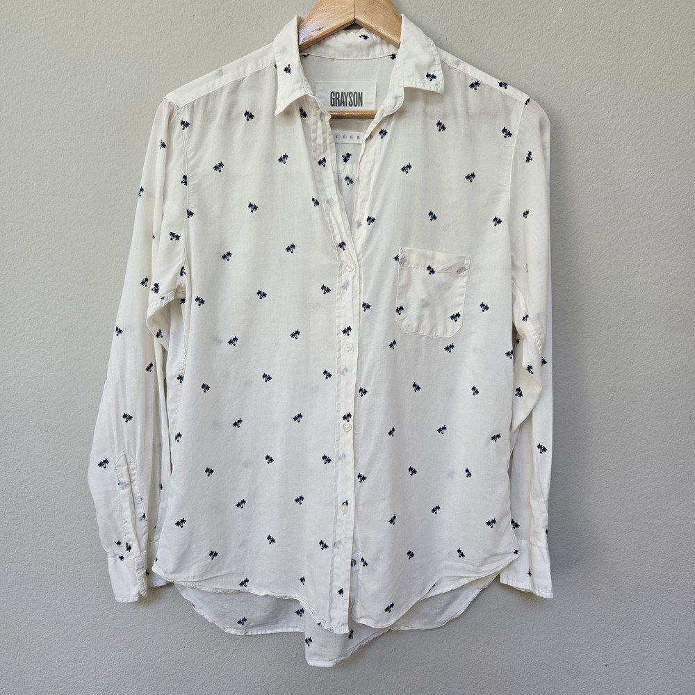 Grayson The Hero Shirt Womens 02 White Palm Tree Print Long Sleeve Button‎ Down
